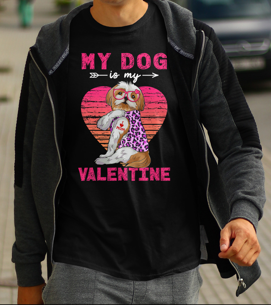 My Dog Valentine Shih Tzu Leopard Heart Glasses Mom Tattoo T-Shirt
