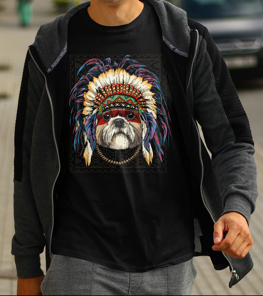 Native Indian Shih Tzu Dog In Traditional American Indian Headdress T-Shirt
