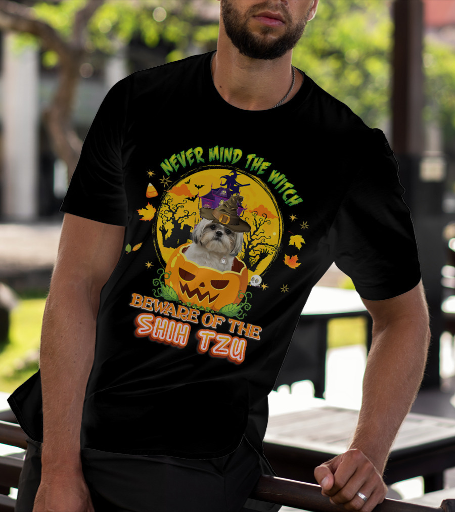 Never Mind The Witch Beware Of The Shih Tzu Halloween Pumpkin Dog With Witch Hat T-Shirt