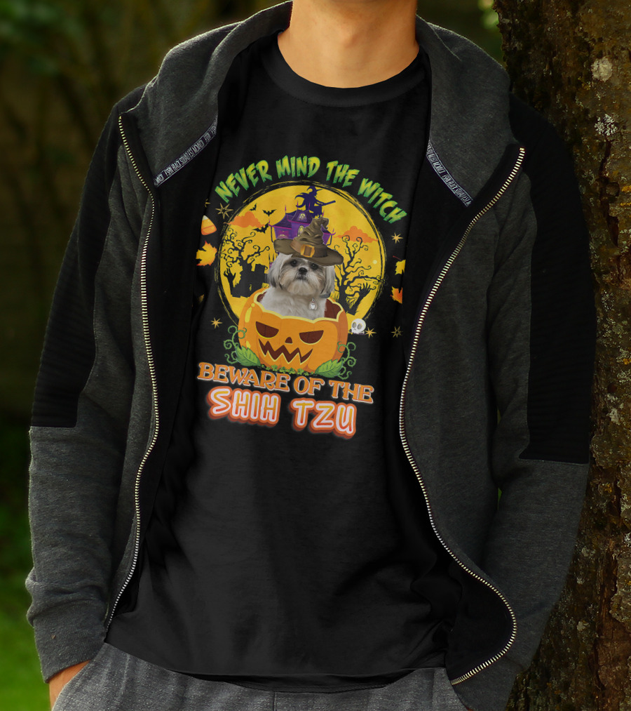 Never Mind The Witch Beware Of The Shih Tzu Halloween Pumpkin Dog With Witch Hat T-Shirt