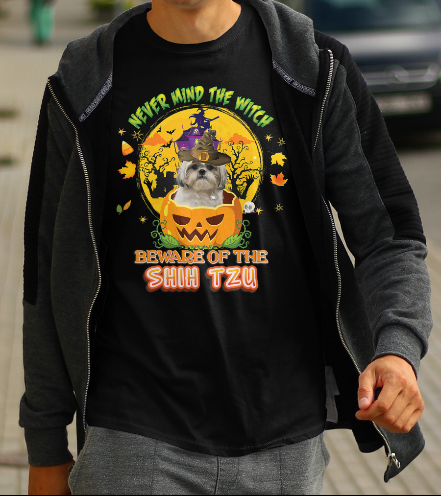 Never Mind The Witch Beware Of The Shih Tzu Halloween Pumpkin Dog With Witch Hat T-Shirt