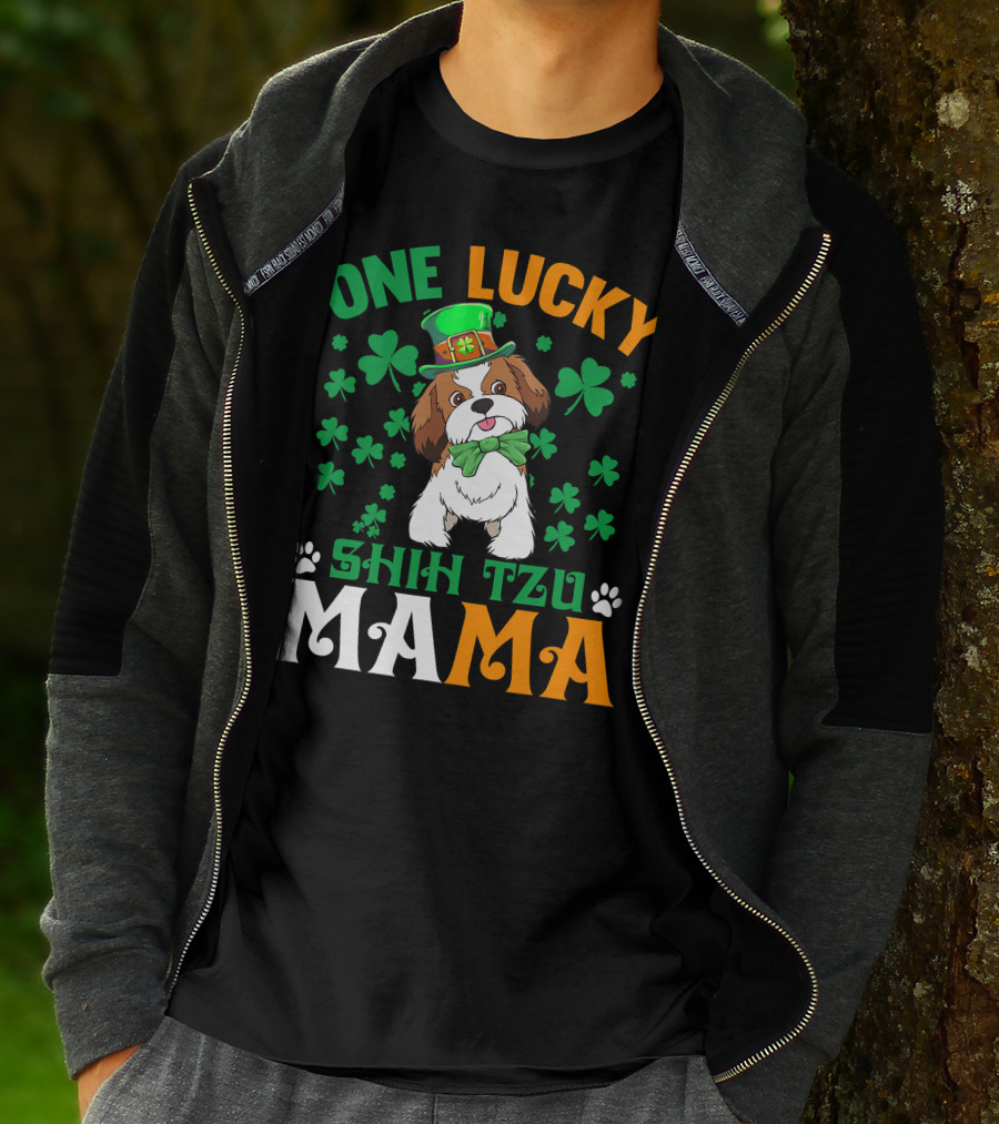 One Lucky Shih Tzu Mama St Patricks Day Green Hat Shamrocks T-Shirt