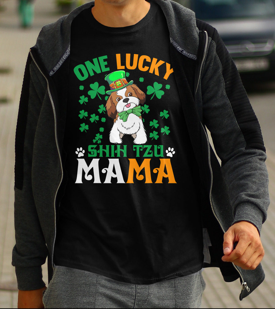 One Lucky Shih Tzu Mama St Patricks Day Green Hat Shamrocks T-Shirt