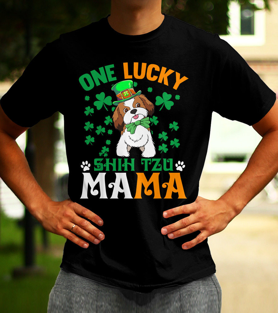 One Lucky Shih Tzu Mama St Patricks Day Green Hat Shamrocks T-Shirt