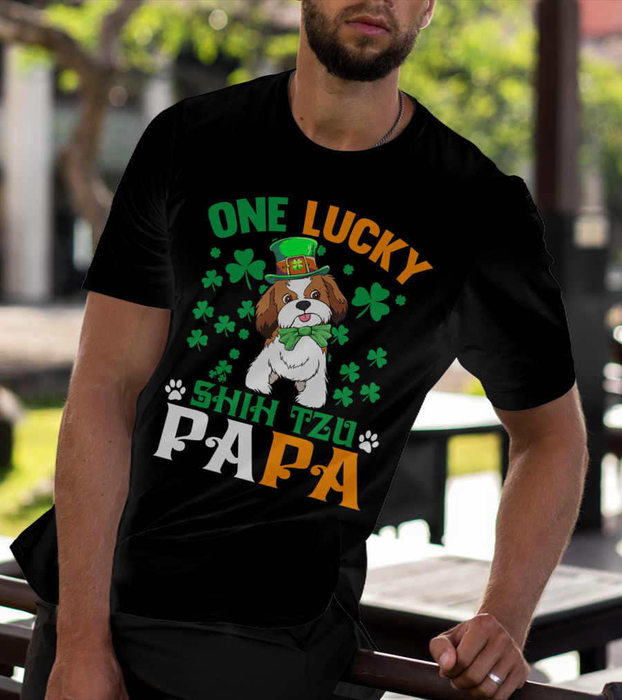 One Lucky Shih Tzu Papa St Patricks Day Dog Hat Clover T-Shirt