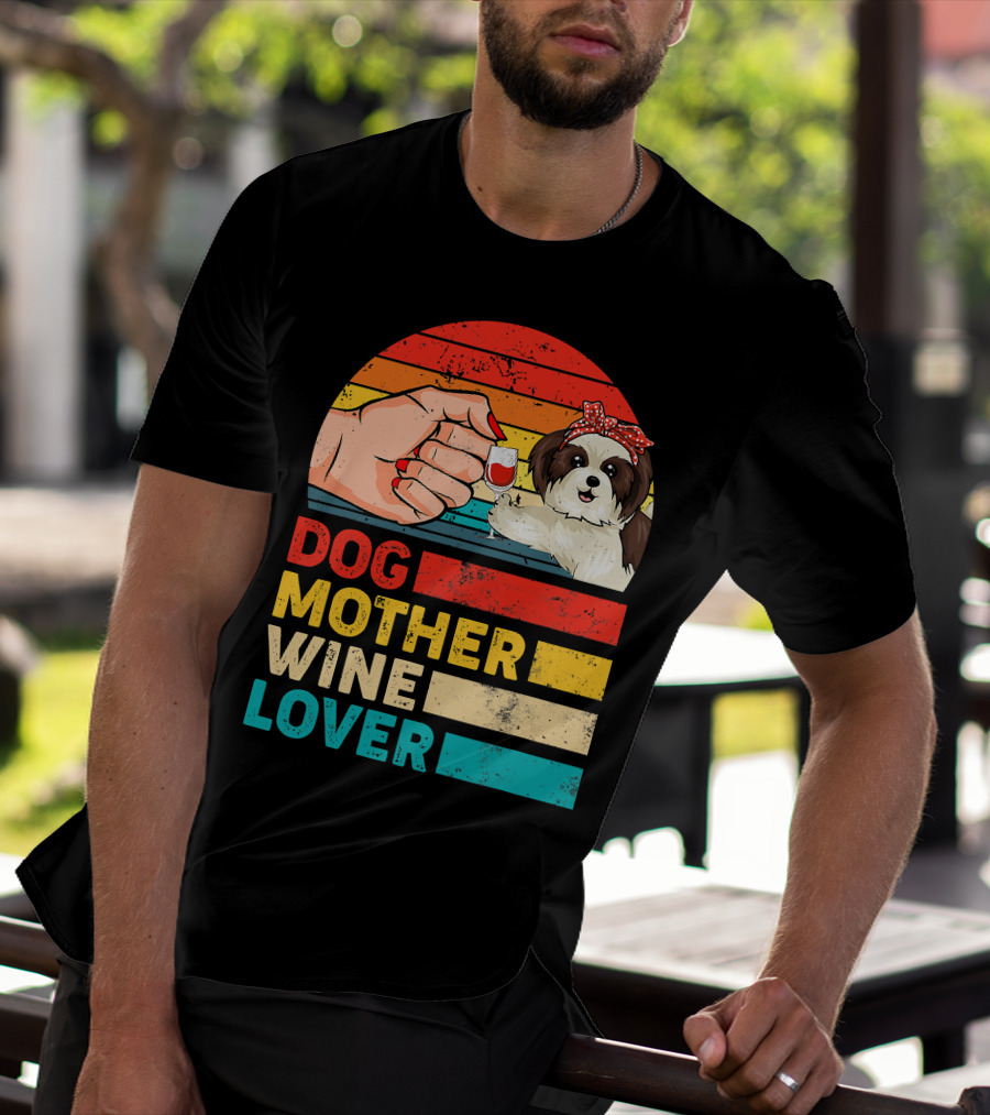 Dog Mother Wine Lover Shih Tzu Retro T-Shirt
