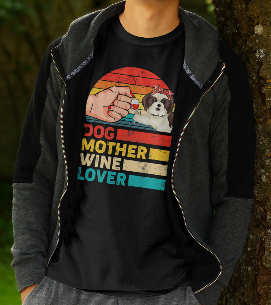 Dog Mother Wine Lover Shih Tzu Retro T-Shirt