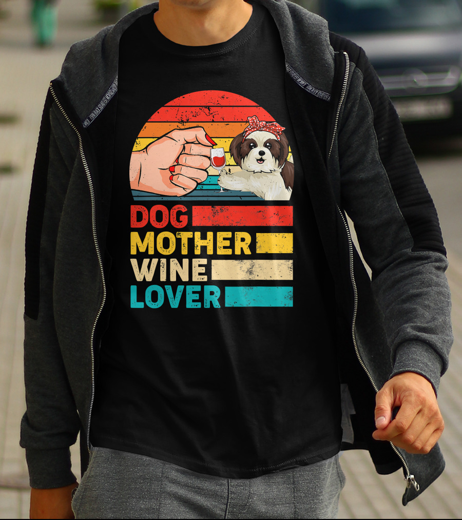 Dog Mother Wine Lover Shih Tzu Retro T-Shirt
