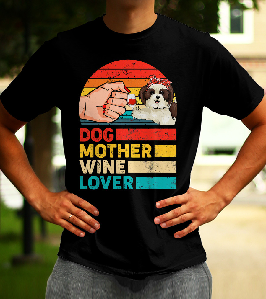 Dog Mother Wine Lover Shih Tzu Retro T-Shirt