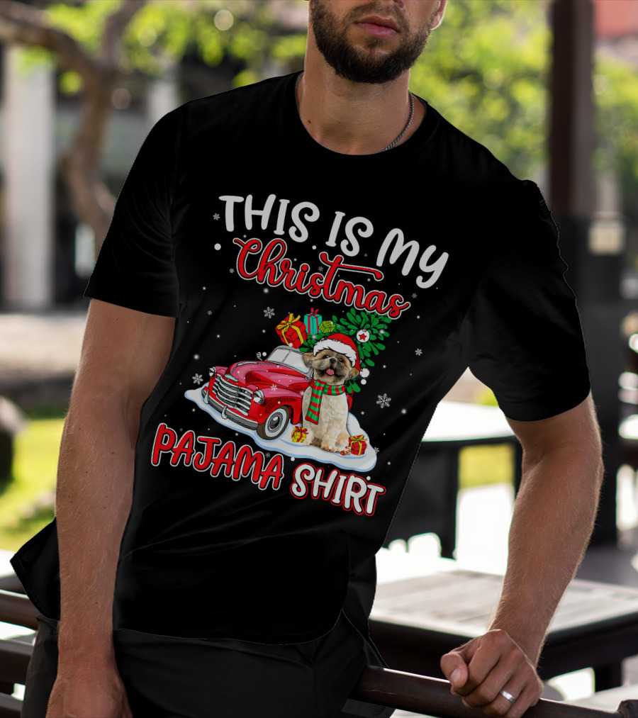Retro Christmas Pajama Shih Tzu Santa Hat Presents Vintage Car T-Shirt