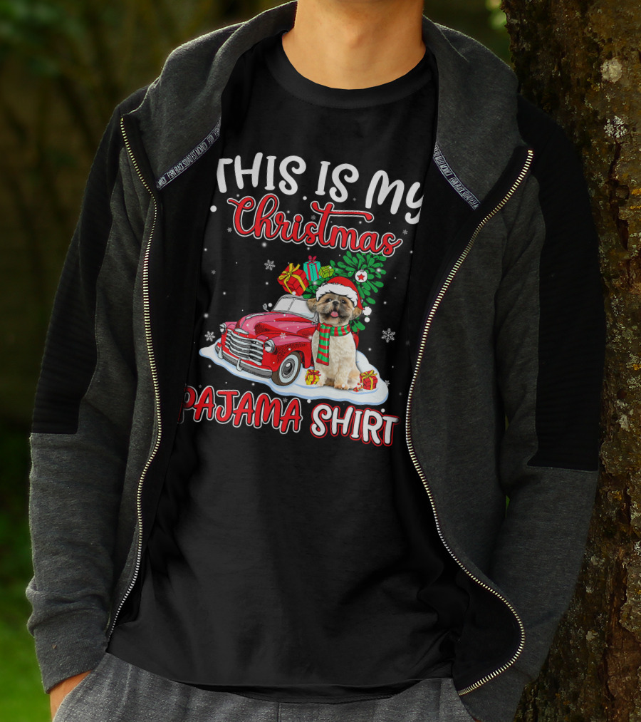 Retro Christmas Pajama Shih Tzu Santa Hat Presents Vintage Car T-Shirt