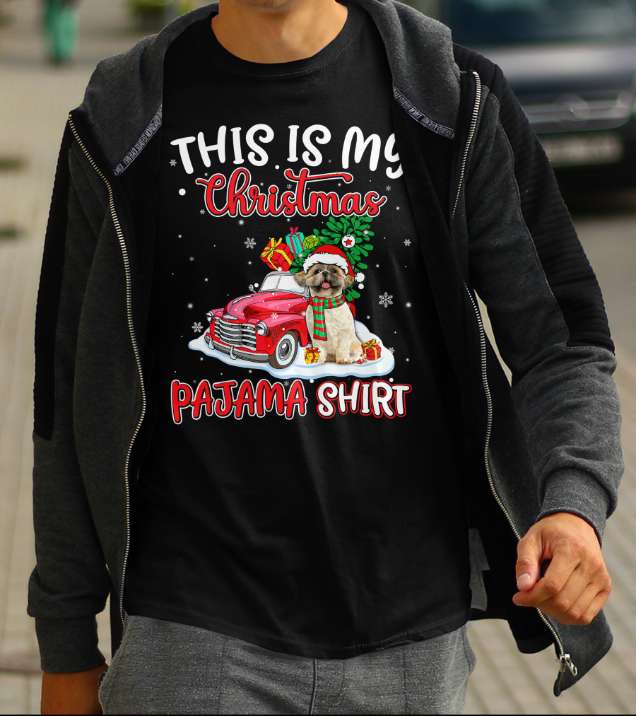 Retro Christmas Pajama Shih Tzu Santa Hat Presents Vintage Car T-Shirt