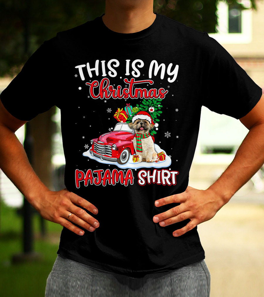 Retro Christmas Pajama Shih Tzu Santa Hat Presents Vintage Car T-Shirt
