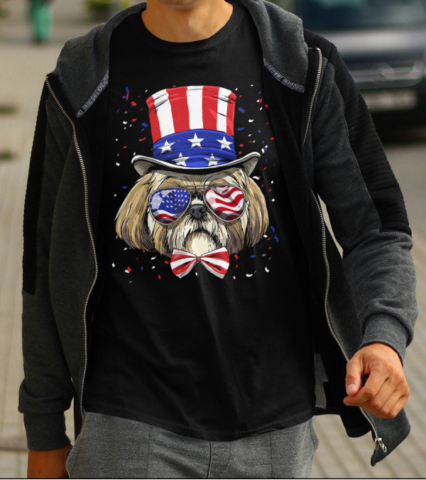 Shih Tzu Fourth Of July American Dog In USA Flag Hat And Glasses T-Shirt