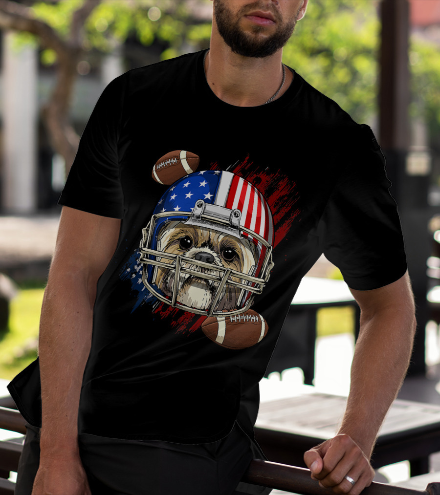 Shih Tzu In American Football Helmet With USA Flag And Footballs T-Shirt