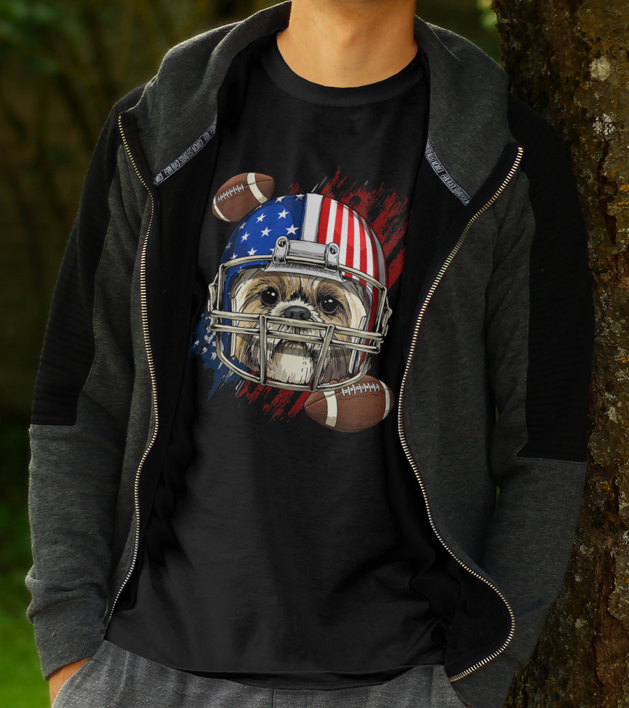 Shih Tzu In American Football Helmet With USA Flag And Footballs T-Shirt