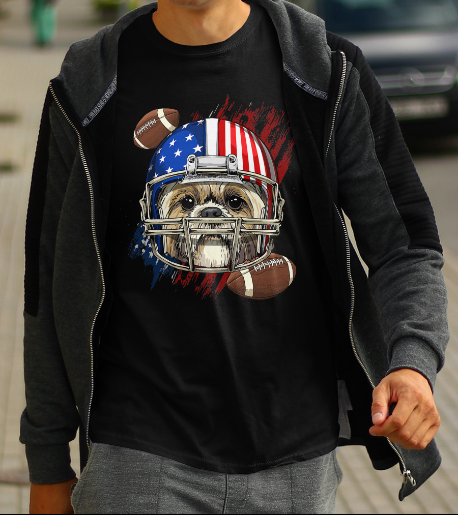 Shih Tzu In American Football Helmet With USA Flag And Footballs T-Shirt