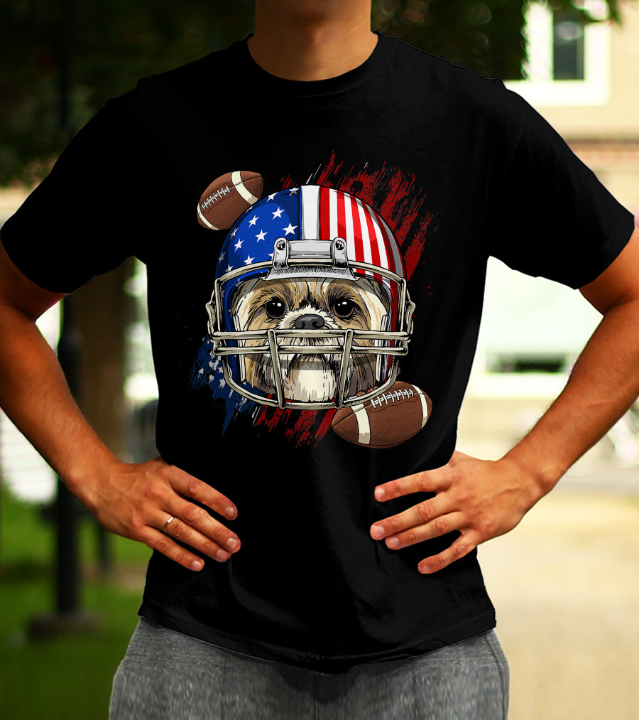 Shih Tzu In American Football Helmet With USA Flag And Footballs T-Shirt