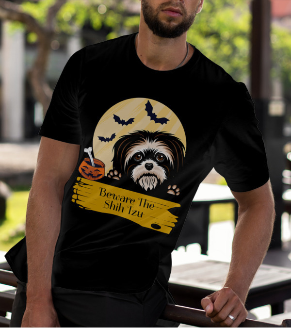 Beware The Shih Tzu Halloween Bats Moon Pumpkin T-Shirt