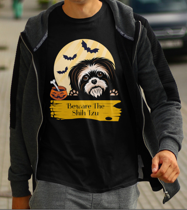 Beware The Shih Tzu Halloween Bats Moon Pumpkin T-Shirt