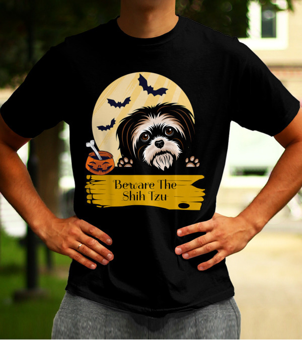 Beware The Shih Tzu Halloween Bats Moon Pumpkin T-Shirt