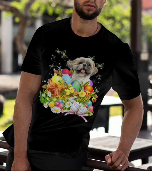 Shih Tzu Bunny Dog With Easter Eggs And Floral Basket T-Shirt