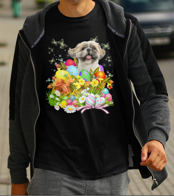 Shih Tzu Bunny Dog With Easter Eggs And Floral Basket T-Shirt