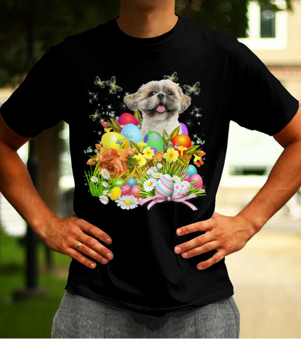 Shih Tzu Bunny Dog With Easter Eggs And Floral Basket T-Shirt