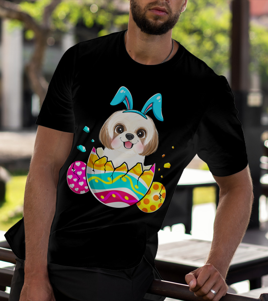 Shih Tzu Bunny Ears Easter Day Cute Dog Dad With Colorful Eggs T-Shirt