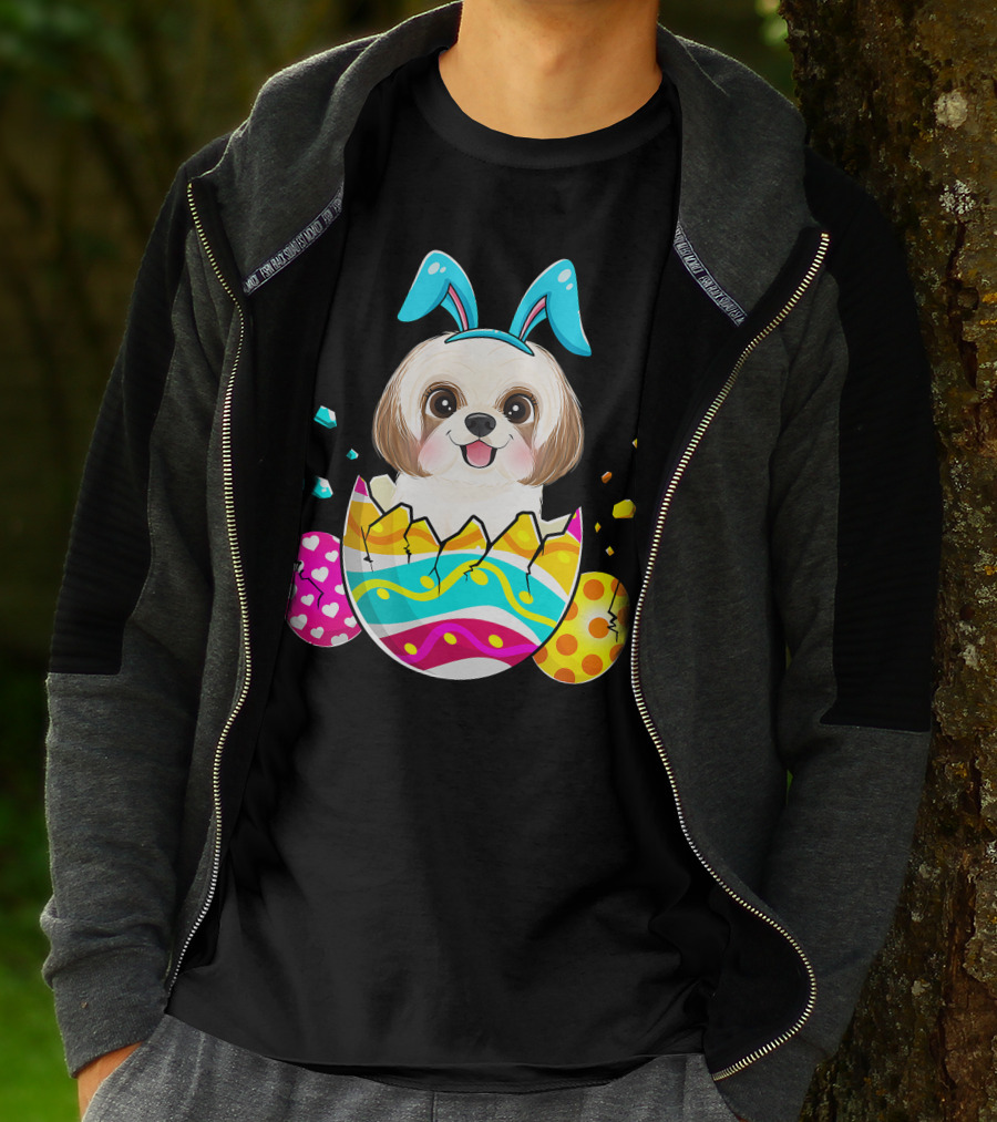 Shih Tzu Bunny Ears Easter Day Cute Dog Dad With Colorful Eggs T-Shirt