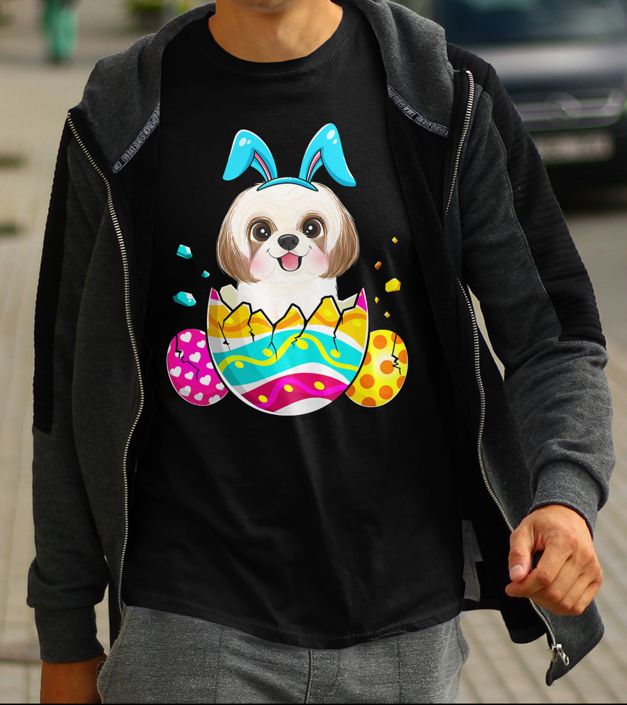 Shih Tzu Bunny Ears Easter Day Cute Dog Dad With Colorful Eggs T-Shirt