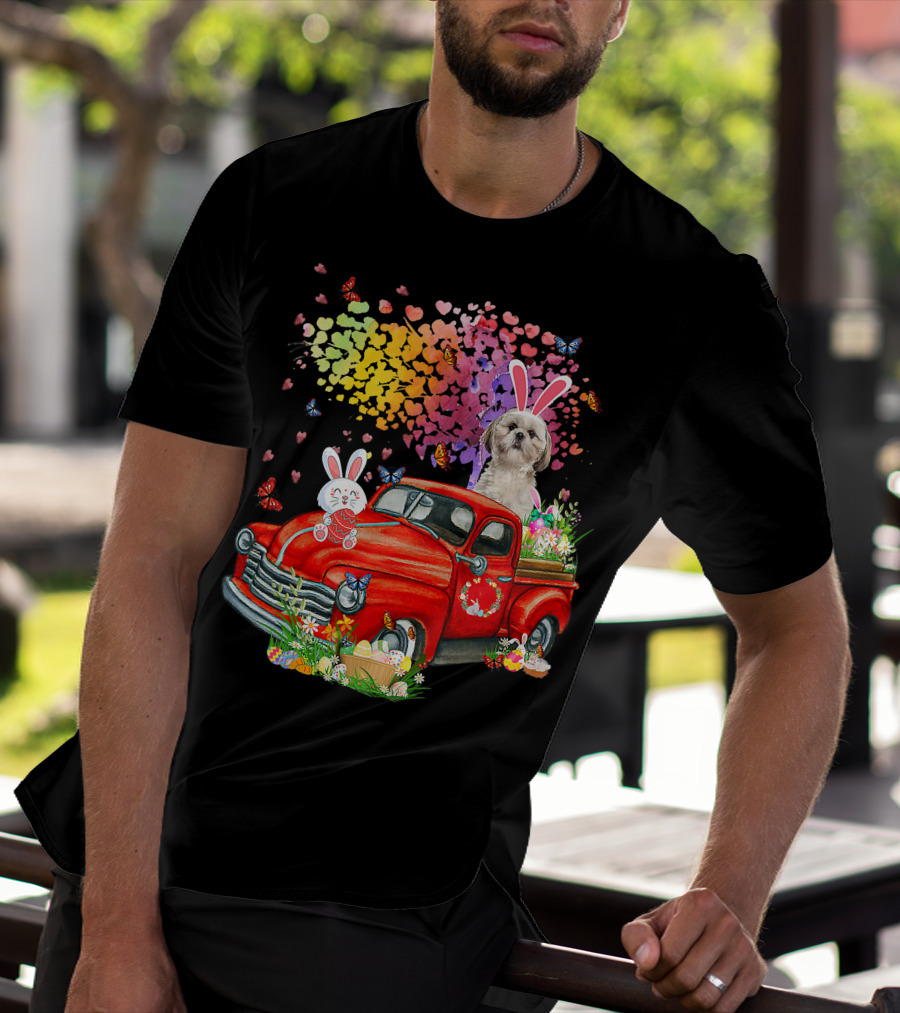 Shih Tzu Bunny On Red Truck With Easter Eggs And Rainbow Hearts T-Shirt