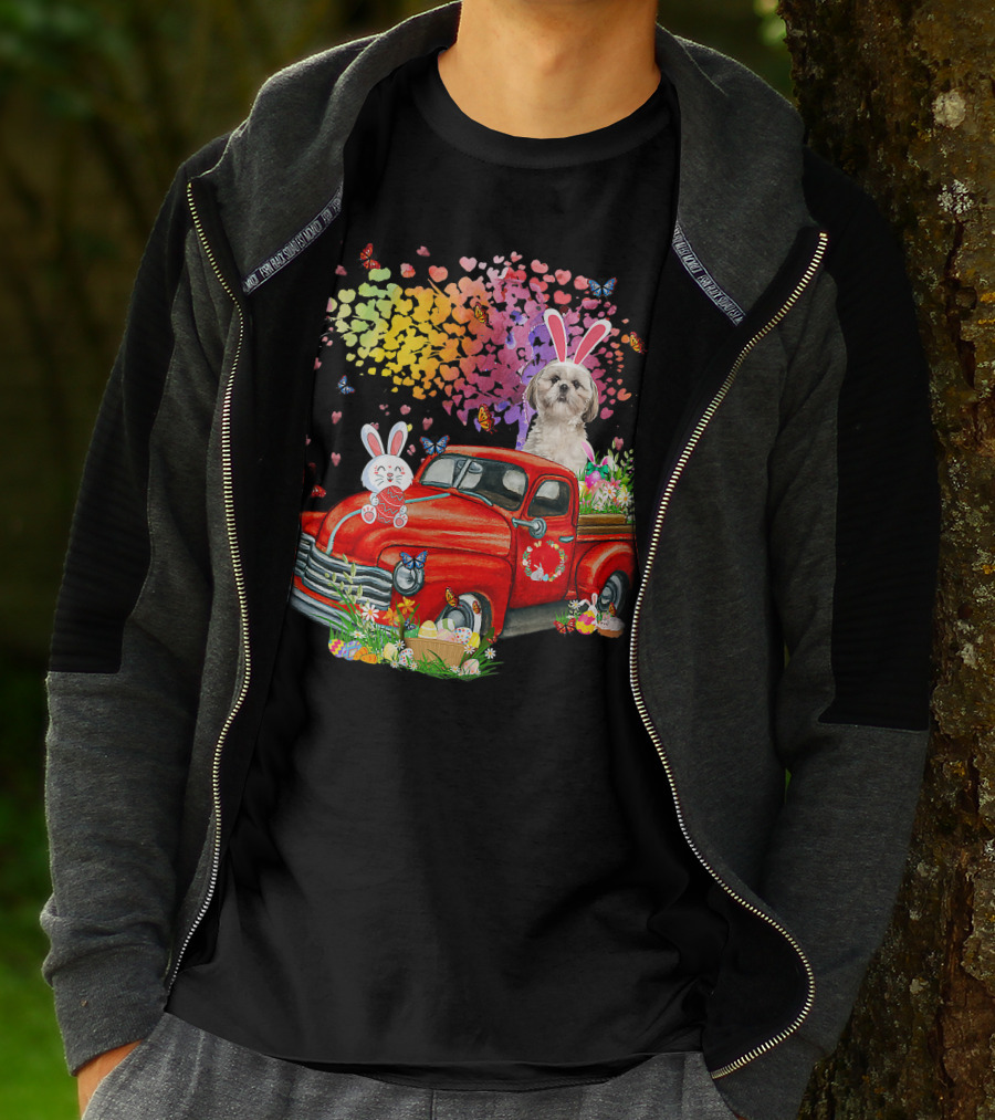 Shih Tzu Bunny On Red Truck With Easter Eggs And Rainbow Hearts T-Shirt