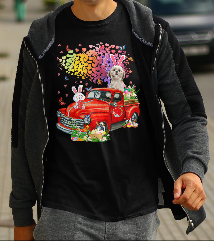 Shih Tzu Bunny On Red Truck With Easter Eggs And Rainbow Hearts T-Shirt