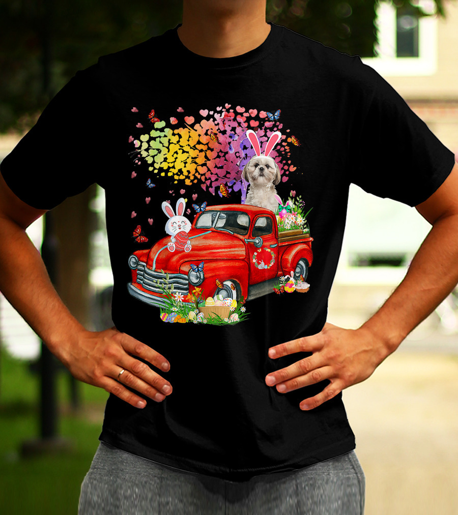 Shih Tzu Bunny On Red Truck With Easter Eggs And Rainbow Hearts T-Shirt