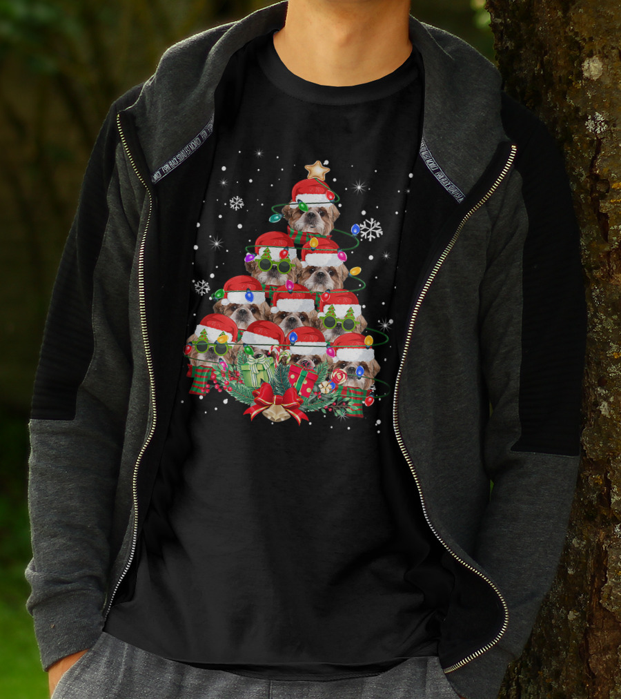 Shih Tzu Christmas Tree With Santa Hats And Lights Family Pajamas T-Shirt