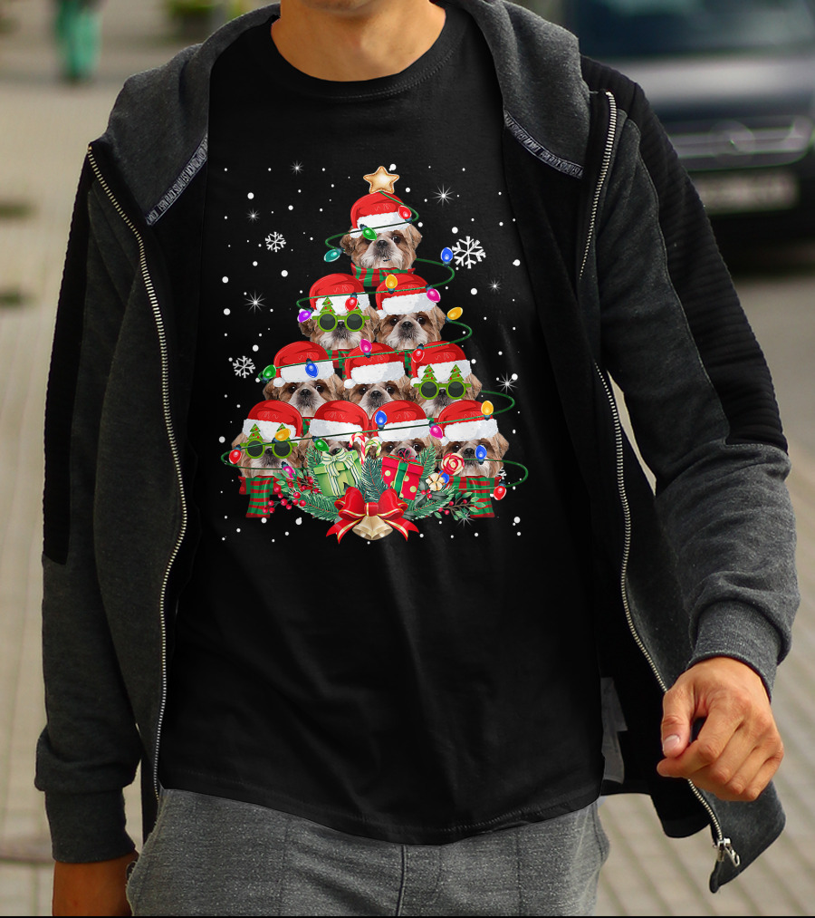 Shih Tzu Christmas Tree With Santa Hats And Lights Family Pajamas T-Shirt