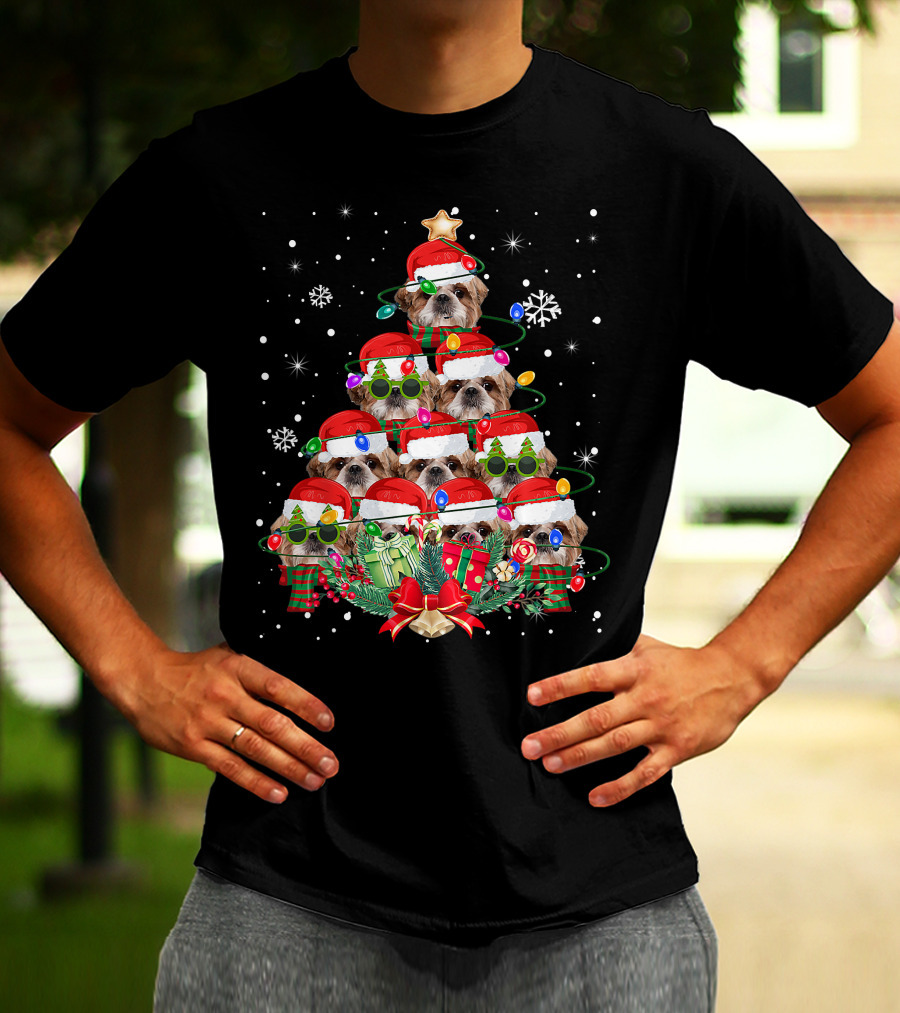 Shih Tzu Christmas Tree With Santa Hats And Lights Family Pajamas T-Shirt