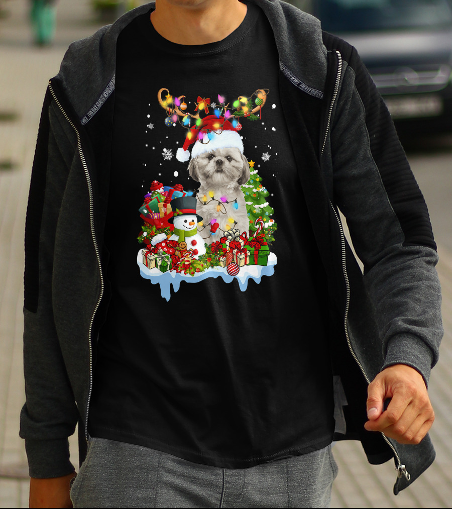 Shih Tzu Christmas Santa Hat Reindeer Antlers Lights Snowman Gifts Tree T-Shirt