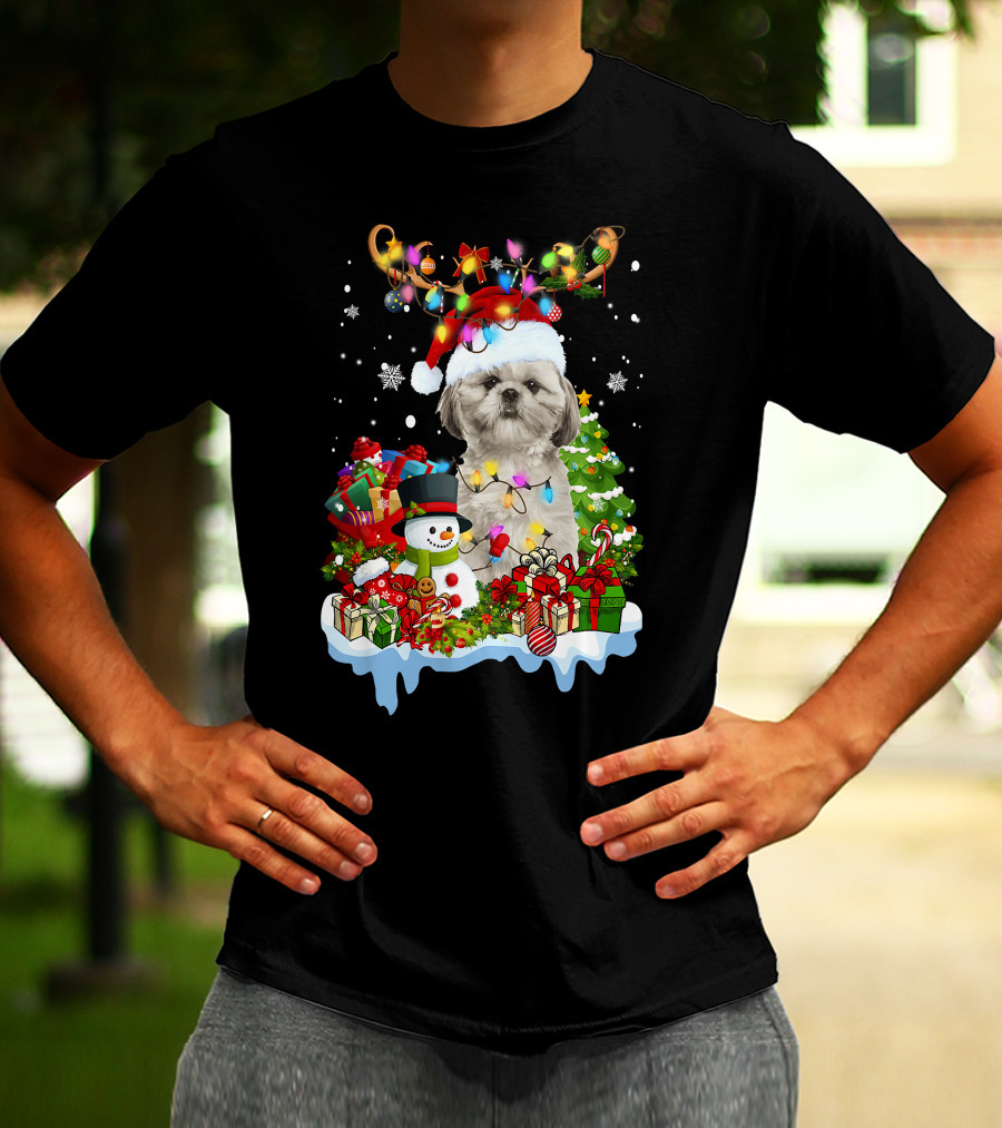 Shih Tzu Christmas Santa Hat Reindeer Antlers Lights Snowman Gifts Tree T-Shirt