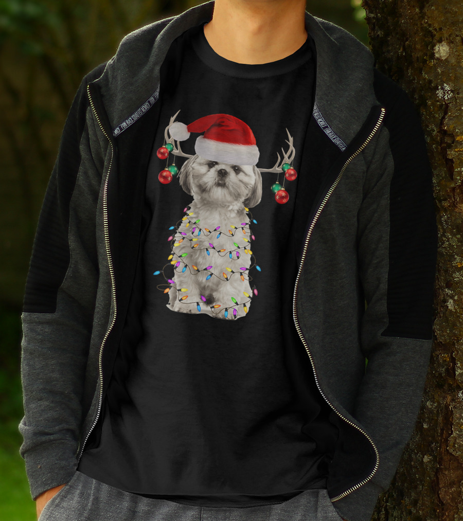 Shih Tzu Christmas Tree Santa Hat With Lights And Antlers T-Shirt