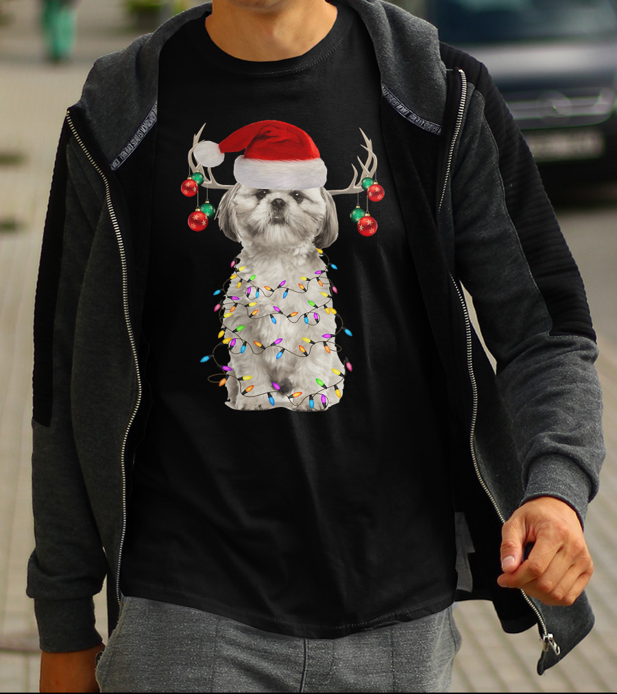 Shih Tzu Christmas Tree Santa Hat With Lights And Antlers T-Shirt
