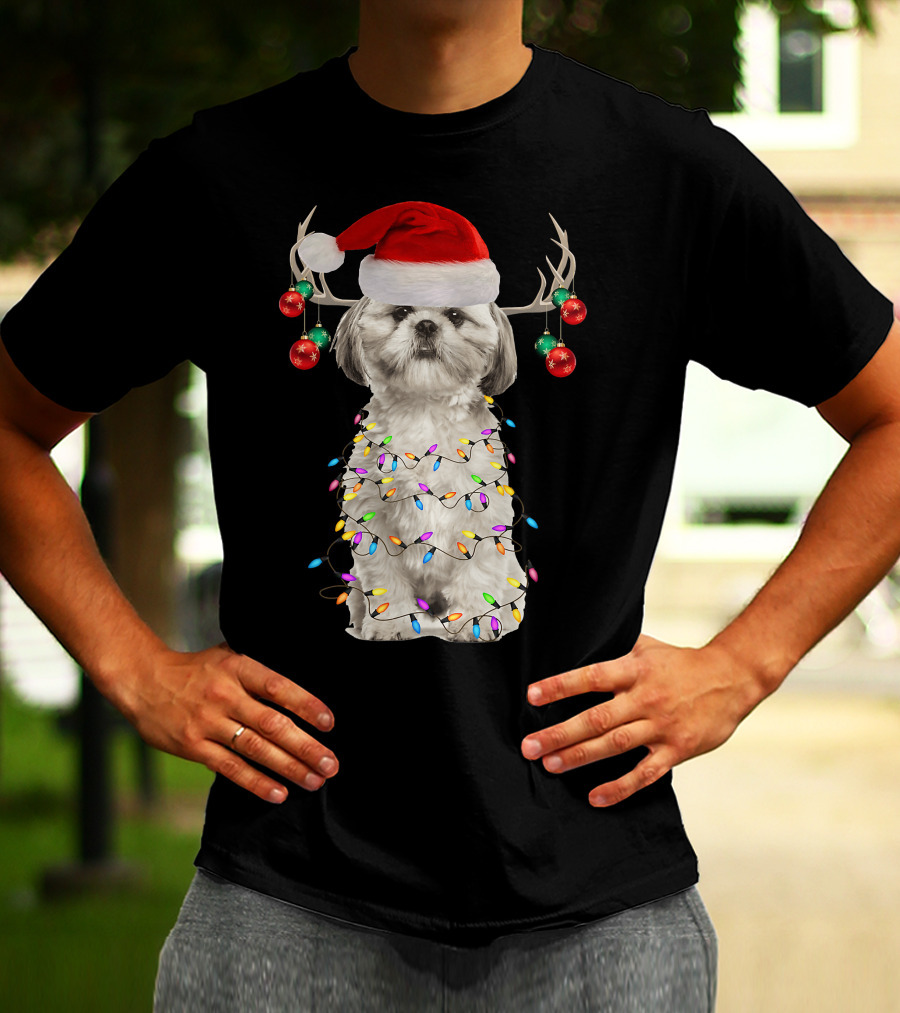 Shih Tzu Christmas Tree Santa Hat With Lights And Antlers T-Shirt