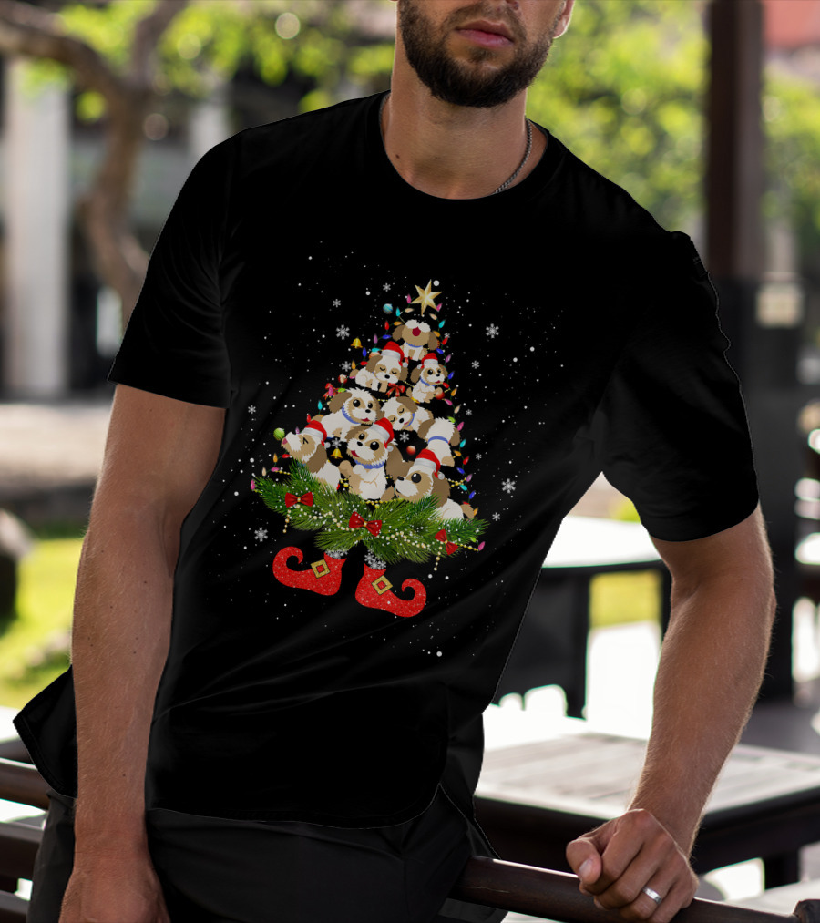 Shih Tzu Christmas Tree Lights Funny Santa Hat Dog Festive Holiday Puppies T-Shirt