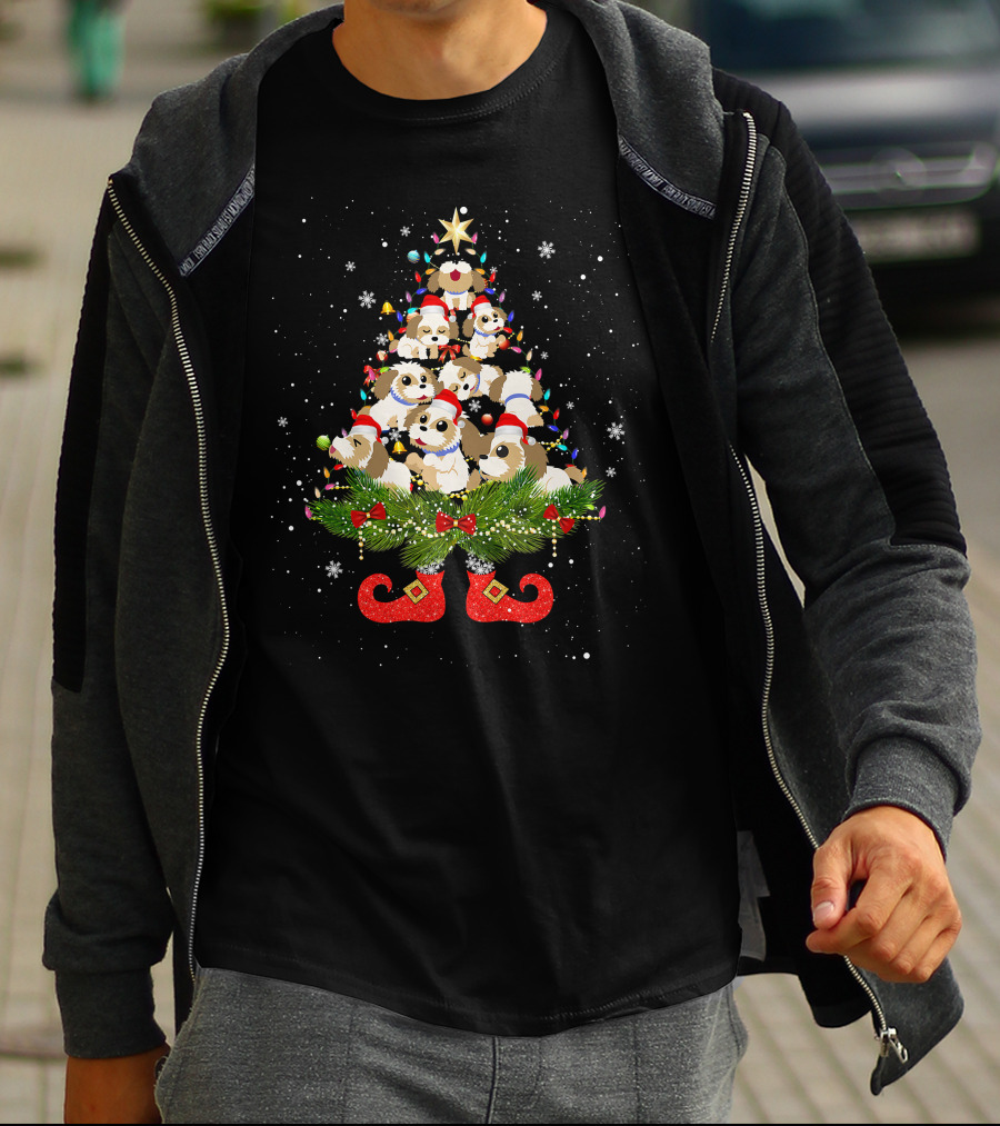 Shih Tzu Christmas Tree Lights Funny Santa Hat Dog Festive Holiday Puppies T-Shirt