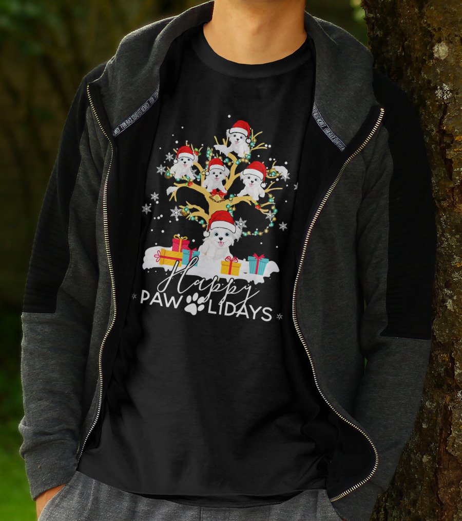 Shih Tzu Christmas Tree Santa Hat Lights Presents Happy Paw Holidays T-Shirt