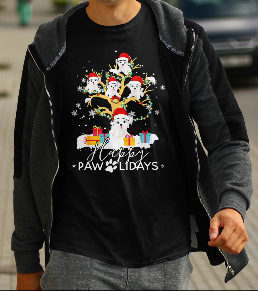 Shih Tzu Christmas Tree Santa Hat Lights Presents Happy Paw Holidays T-Shirt