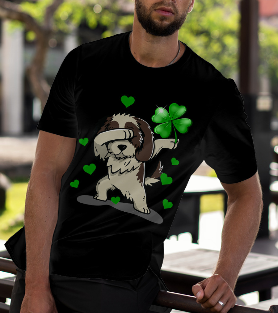 Shih Tzu Dabbing With Green Shamrock And Hearts T-Shirt