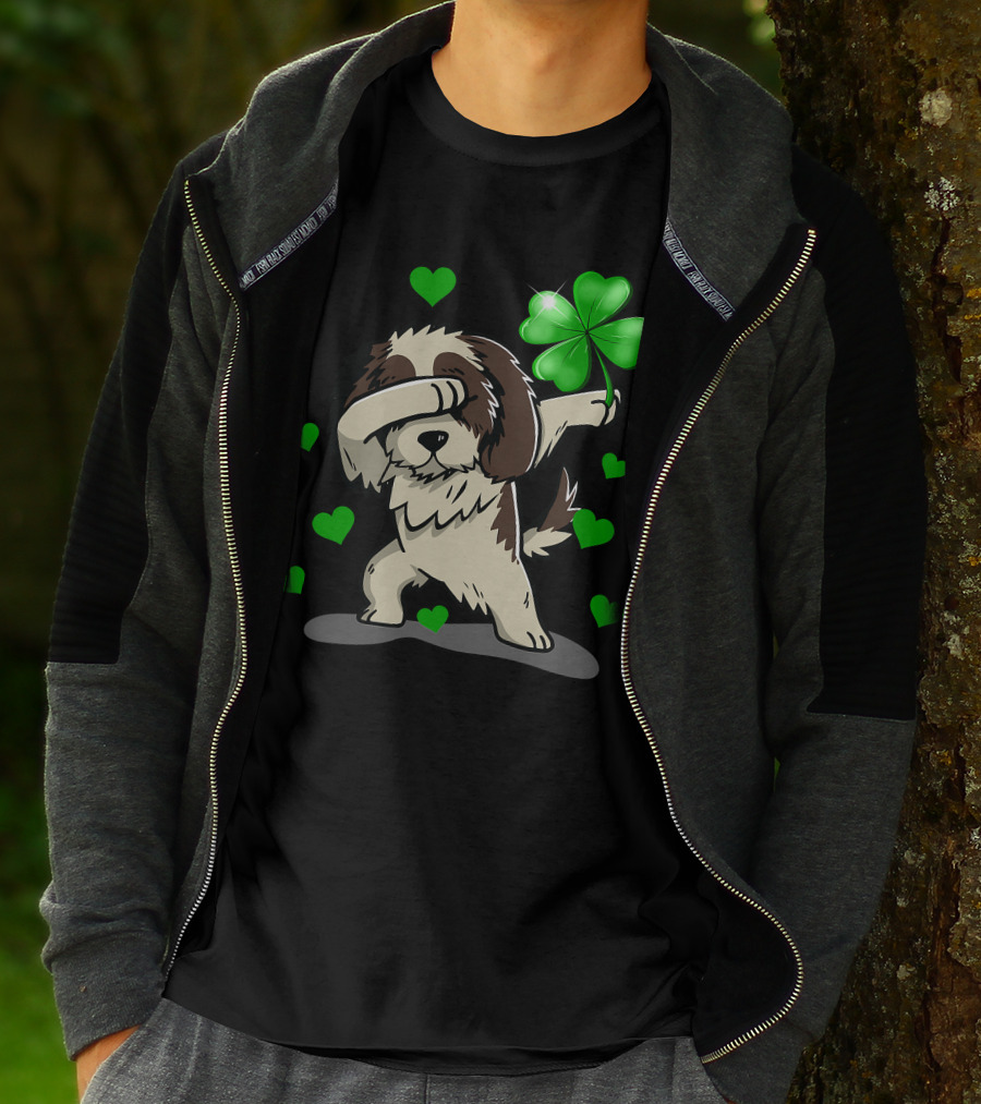 Shih Tzu Dabbing With Green Shamrock And Hearts T-Shirt