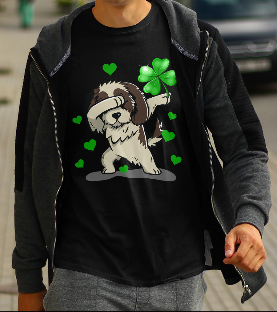 Shih Tzu Dabbing With Green Shamrock And Hearts T-Shirt